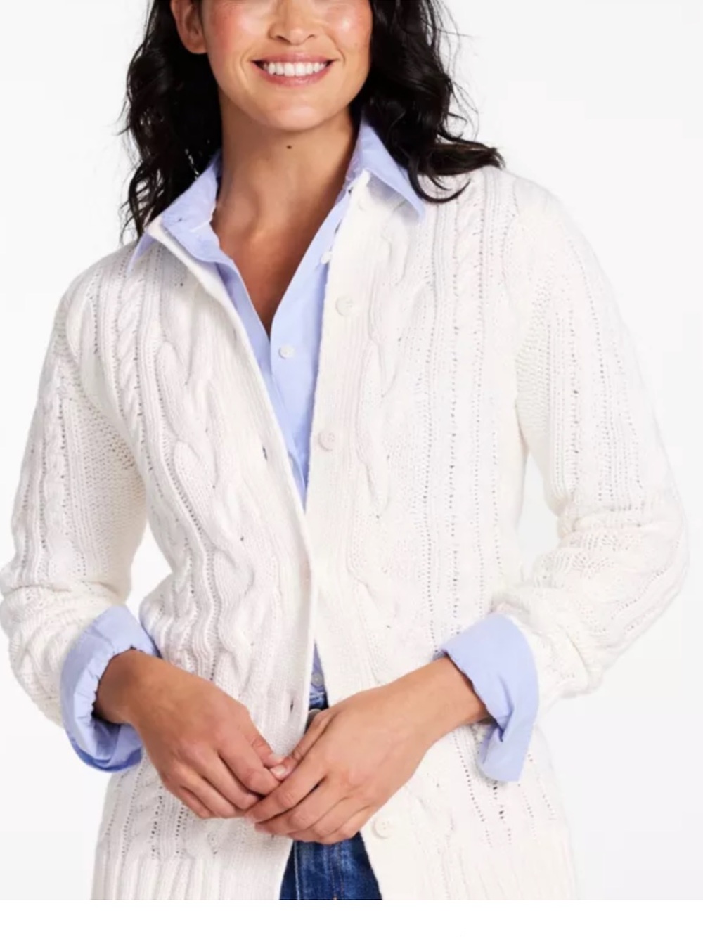 L.L. Bean Cream Cable Knit Cotton Mock Neck Button Cardigan Sweater Size S